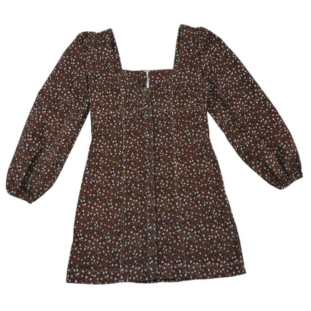 Free People Ditsy Floral Square Neck Mini Dress Rust Brown Sz 6.
